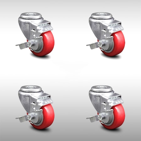 Service Caster 3.5 Inch SS Red Polyurethane Wheel Swivel Bolt Hole Caster Set with Brake SCC SCC-SSBH20S3514-PPUB-RED-TLB-4